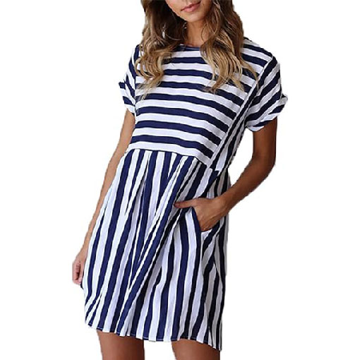 Naggoo Womens Summer Striped Short Sleeve T-Shirt Dresses Casual Swing Aline Dresses with Pocket 
