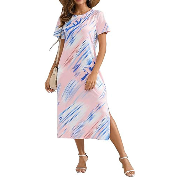 Naggoo Women's Short Sleeve Split Maxi Dress Casual Plain Tie Dye Print Tshirt Long Dresses with Pockets 
