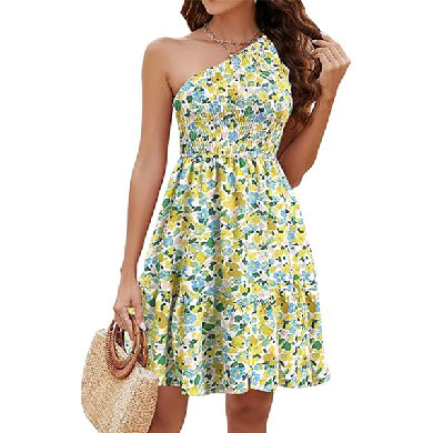 Naggoo Womens 2024 Floral Summer Dress One Shoulder Sundresses Boho Ruffle Beach Mini Dresses 