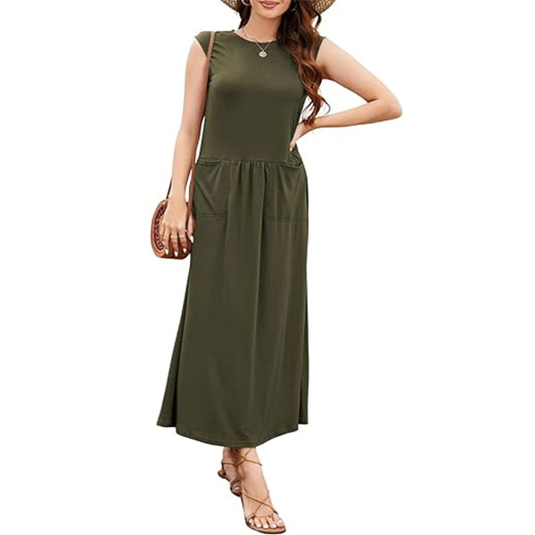 Naggoo Maxi Dresses for Women Summer Casual Sleeveless Beach Loose Fit Pleated Long Sun Dresses with Pocket 