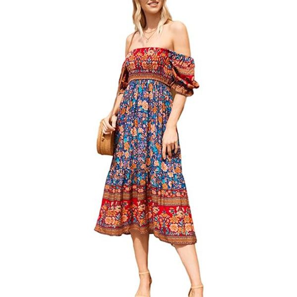 Naggoo Women's Square Neck Bohemian Long Dress Summer Floral Print Ruffle Short Sleeve Beach Party Maxi Dress 