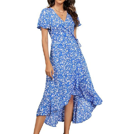 Naggoo Women's Summer Wrap Floral V Neck Ruffle Short Sleeve Beach Midi Dress 